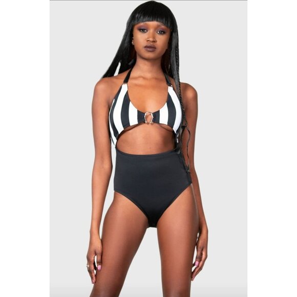 Killstar ✦ Pollienar Swimsuit XS ✦ Striped Cutout Halterneck Gothic One-Piece - Picture 4 of 7